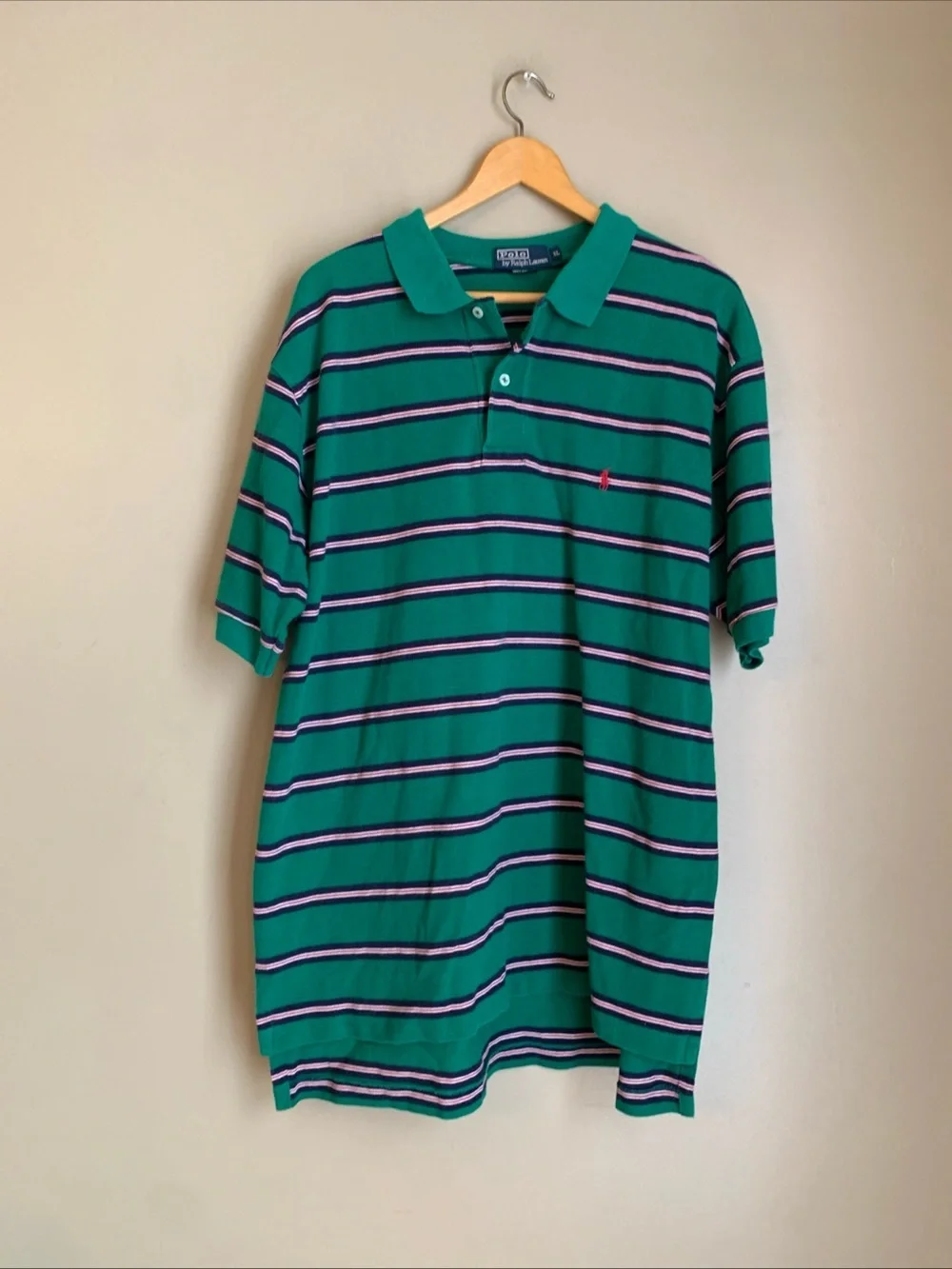Polo Ralph Lauren Men's Polo Shirt Green Blue Stripe XL 90’s